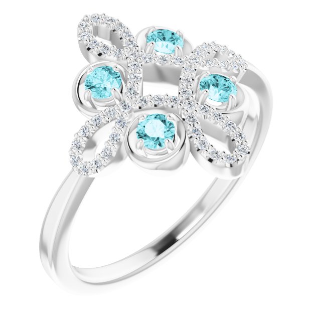 14K White Natural Blue Zircon & 1/8 CTW Natural Diamond Semi-Set Clover Ring